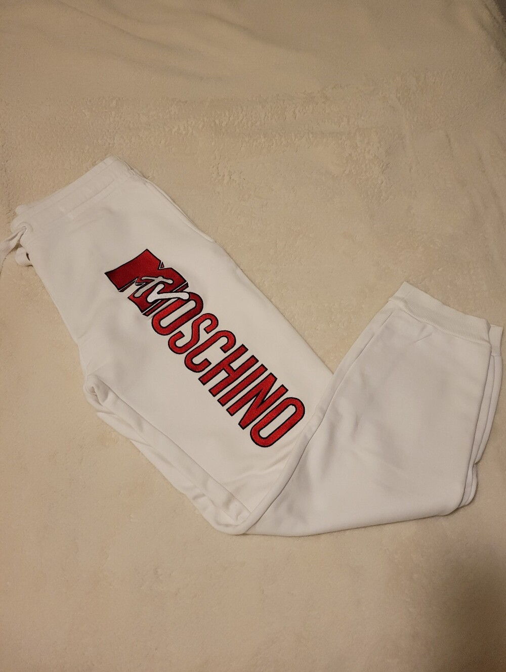 Moschino White Joggers with Red Logo Script